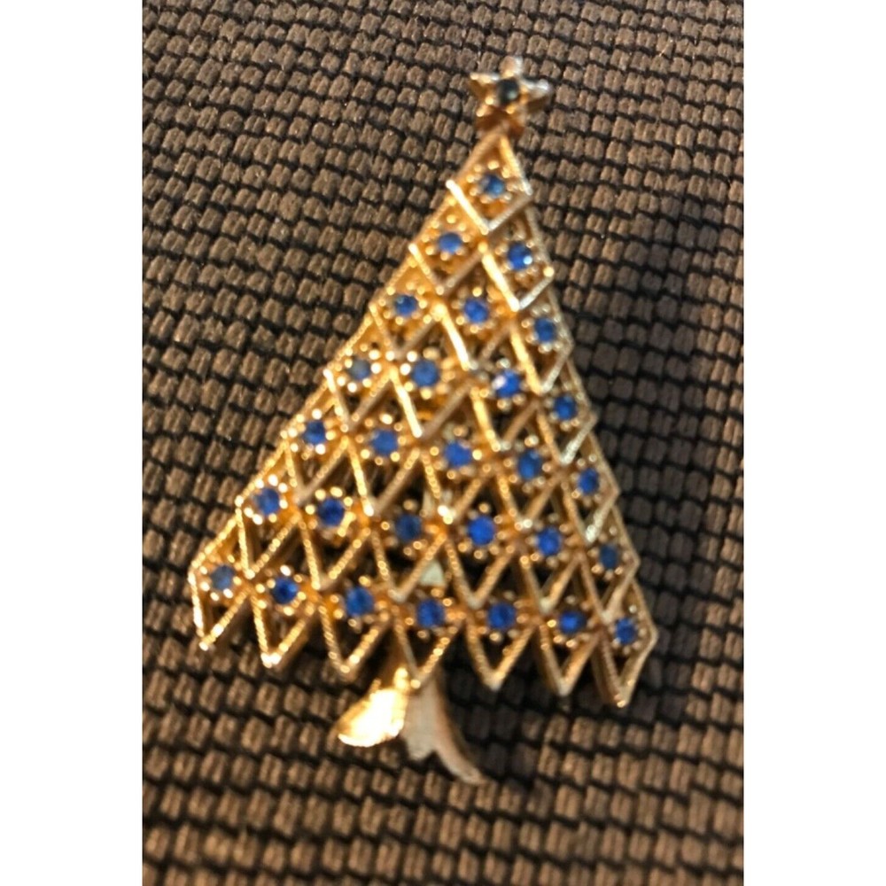 Vintage Gold Tone Christmas Tree Holiday Pin Brooch  Blue Jewel Tone Crystals